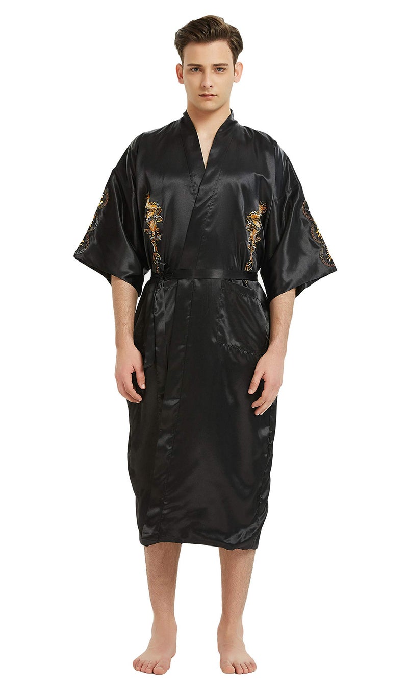 PAMOR Mens Robe Chinese Silk Embroidered Dragon Pattern Kimono Bathrobe Yukata Pajamas with Waistband and Pockets (Black) - Image 1
